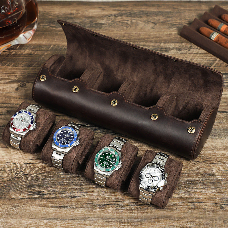 Premium Genuine Leather Watch Roll — Elegant 4-Slot Travel Watch Storage Case
