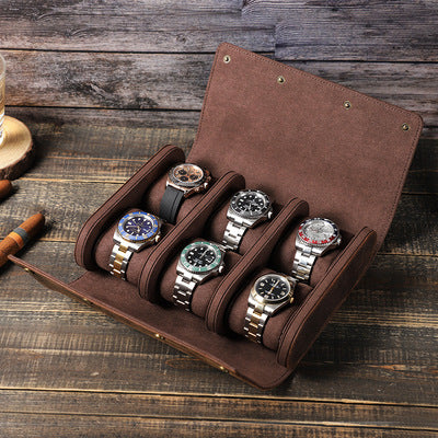 Luxury Genuine Leather Watch Roll Case — Holds 6 Watches for Travel & Storage Box