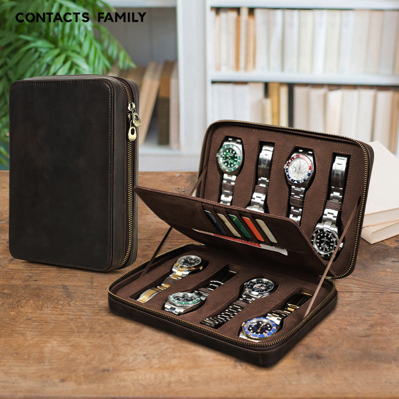 Premium Leather Watch Travel Case — Holds 8 Watches with Card Slots for Ultimate Organization