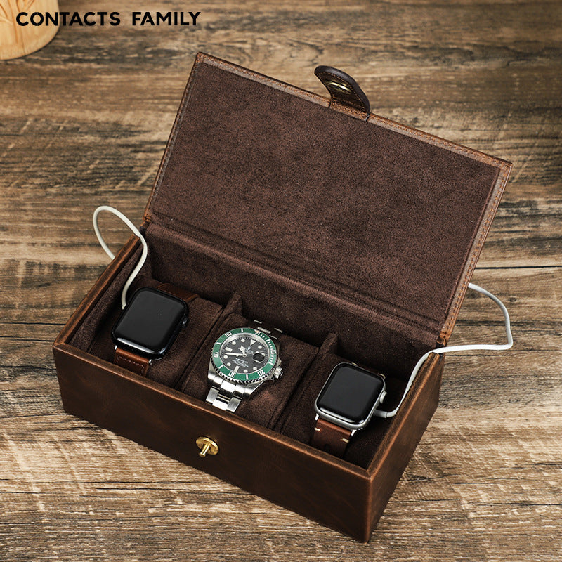 Luxury Genuine Leather Watch Box – Premium Organizer for 3 Watches & Accessories