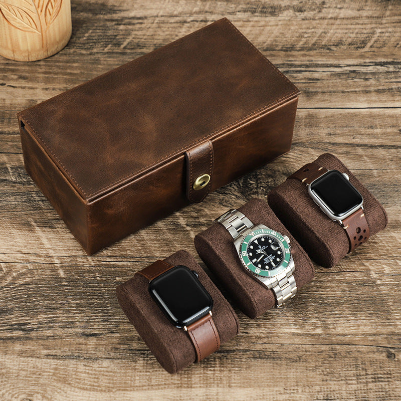 Luxury Genuine Leather Watch Box – Premium Organizer for 3 Watches & Accessories
