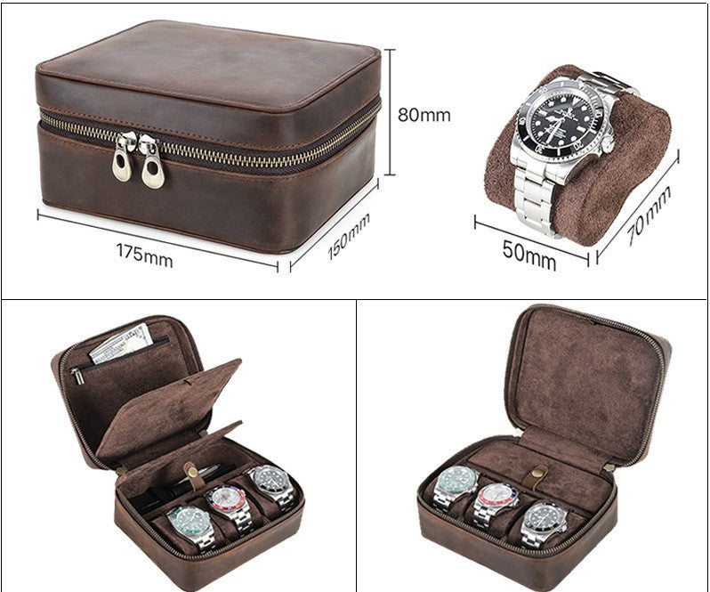 Premium Genuine Leather Watch Travel Case — 3-Slot Storage with Extra Compartment for Accessories