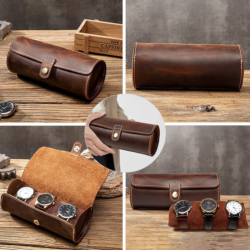 Luxury Full-Grain Leather Watch Case – Premium 3 Slot Travel Organizer for Watches