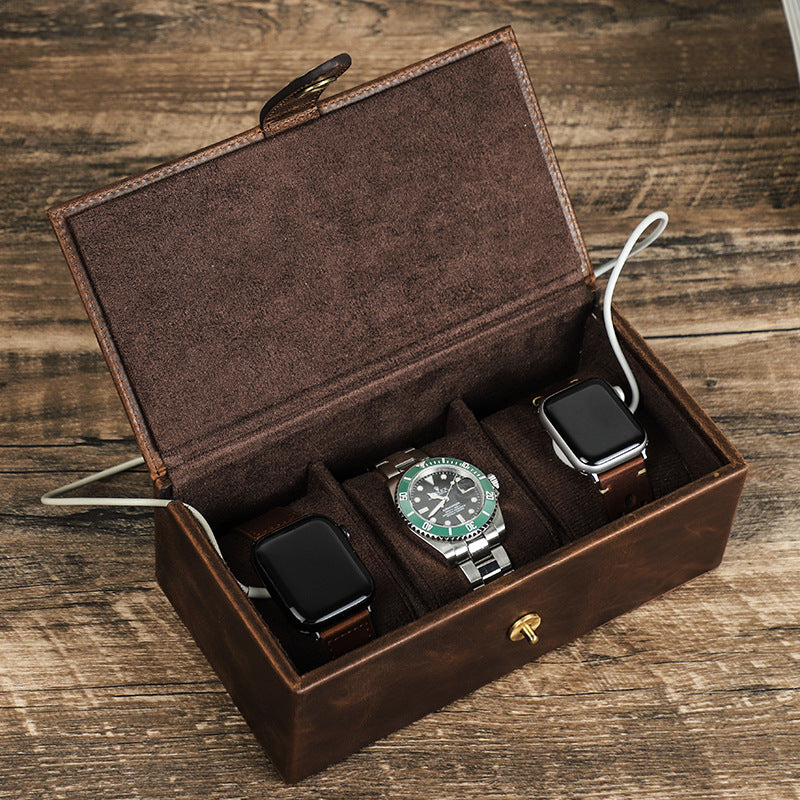Luxury Genuine Leather Watch Box – Premium Organizer for 3 Watches & Accessories