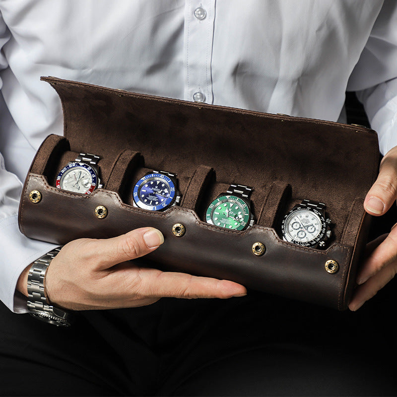 Premium Genuine Leather Watch Roll — Elegant 4-Slot Travel Watch Storage Case