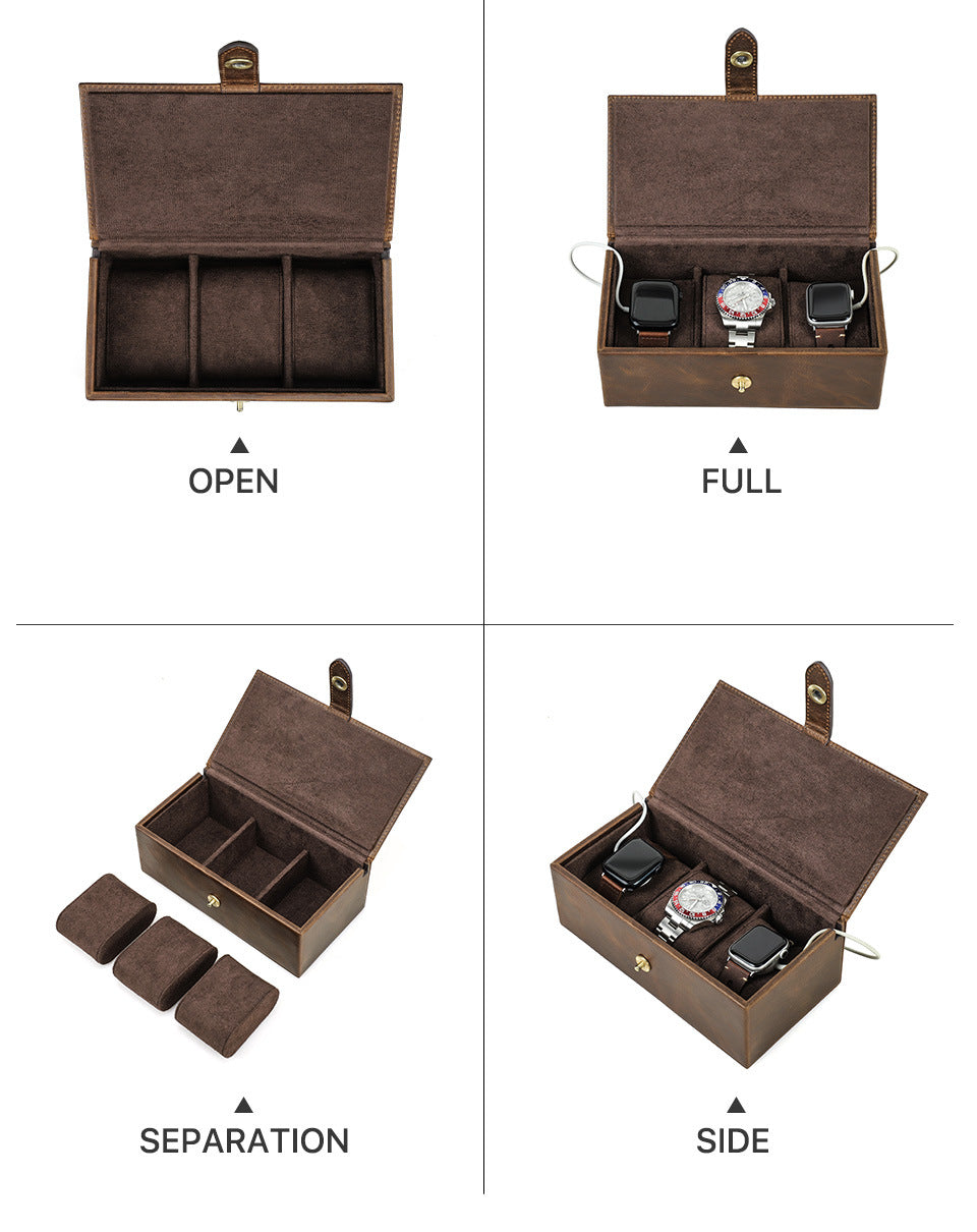 Luxury Genuine Leather Watch Box – Premium Organizer for 3 Watches & Accessories