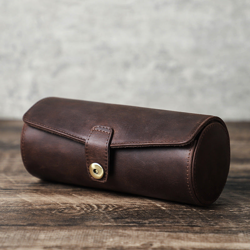 Luxury Brown Genuine Leather Watch Roll & Cufflink Case – Premium Travel Organizer