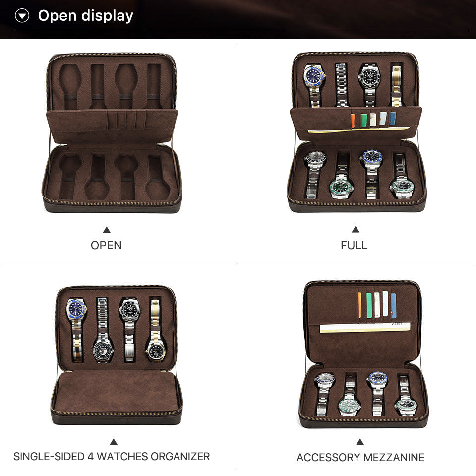 Premium Leather Watch Travel Case — Holds 8 Watches with Card Slots for Ultimate Organization