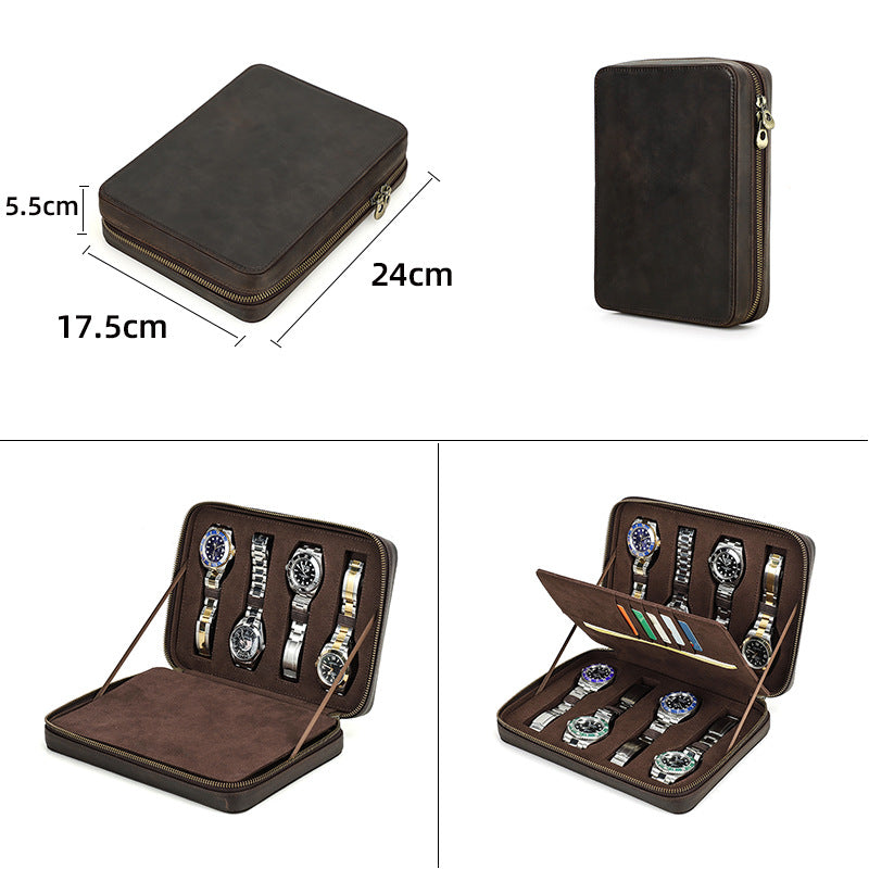 Premium Leather Watch Travel Case — Holds 8 Watches with Card Slots for Ultimate Organization