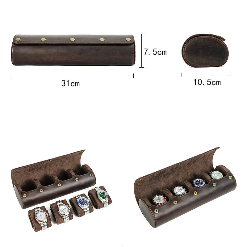 Premium Genuine Leather Watch Roll — Elegant 4-Slot Travel Watch Storage Case