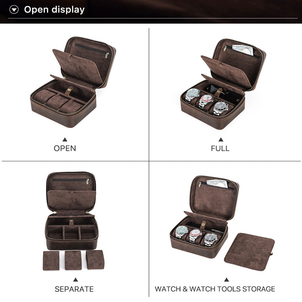Premium Genuine Leather Watch Travel Case — 3-Slot Storage with Extra Compartment for Accessories