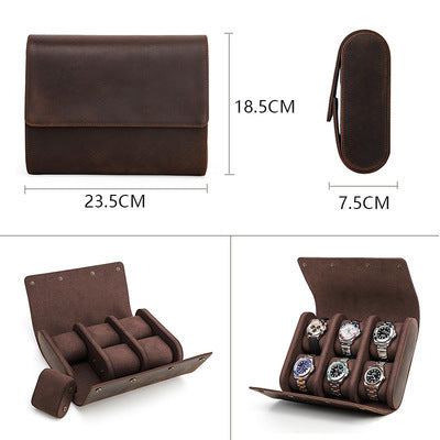 Luxury Genuine Leather Watch Roll Case — Holds 6 Watches for Travel & Storage Box